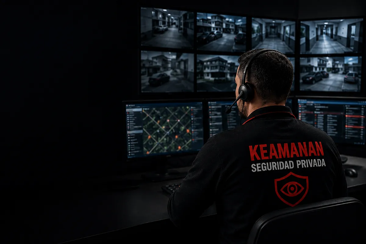 Operador de Keamanan SRL en la central de monitoreo 24 horas siguiendo cámaras de seguridad en Buenos Aires