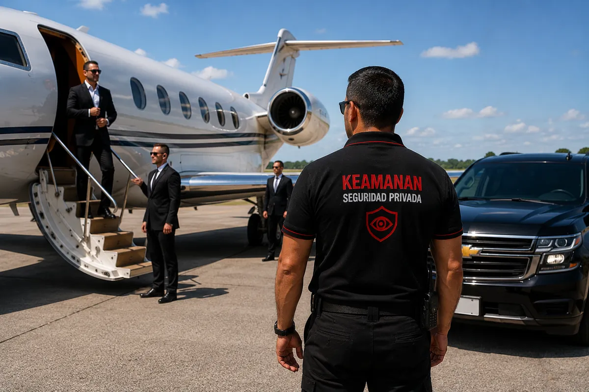 Escolta VIP de Keamanan SRL cubriendo el arribo de ejecutivos en un jet privado en Buenos Aires