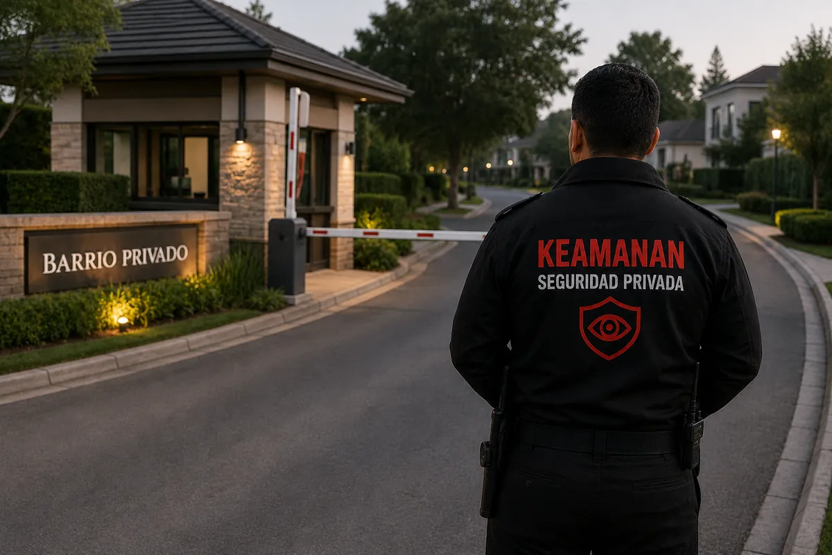 Guardia de Keamanan SRL en el puesto de acceso de un country con monitoreo perimetral en Buenos Aires